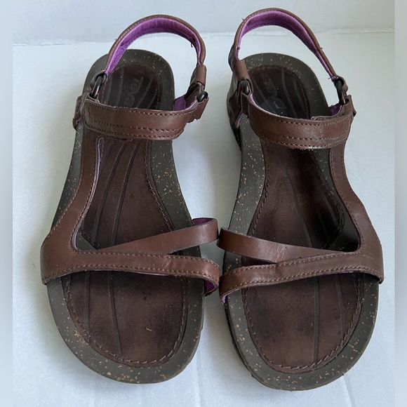 2/$50 Teva Brown Leather Sandals with Purple Accents - Picture 1 of 9